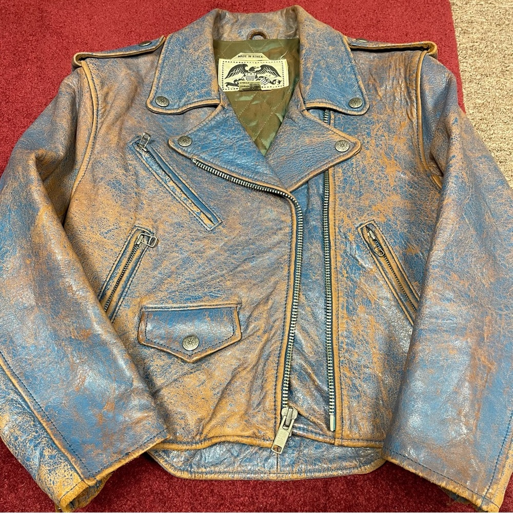 Avirex motorcycle club 🏍️💨Blue and Brown Leather Jacket